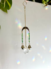 Load image into Gallery viewer, Mini Gold Moon Suncatcher with Green & Blue Glass Beads and Bells – Rainbow Prism Window Decor