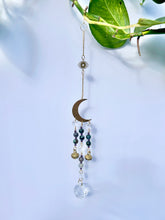 Load image into Gallery viewer, Gold Moon Suncatcher with Agate & Amethyst Beads, Brass Bells, and Sunburst Charm – Witchy Boho Decor