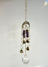 Load image into Gallery viewer, Gold Moon Phase Suncatcher with Amethyst & Tiger’s Eye Beads, Gold Starburst Charm, Bells, and Sun Prism Beads – Witchy Boho Decor