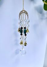 Load image into Gallery viewer, Gold Moon Phases Suncatcher with Turquoise & Tiger’s Eye Beads, Bells, and Crystal Accents – Witchy Boho Decor