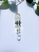 Load image into Gallery viewer, Gold Moon Phases Suncatcher with Turquoise & Tiger’s Eye Beads, Bells, and Crystal Accents – Witchy Boho Decor