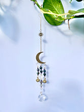 Load image into Gallery viewer, Gold Moon Suncatcher with Agate & Amethyst Beads, Brass Bells, and Sunburst Charm – Witchy Boho Decor