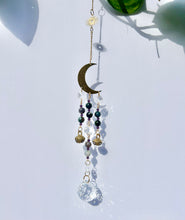 Load image into Gallery viewer, Gold Moon Suncatcher with Agate & Amethyst Beads, Brass Bells, and Sunburst Charm – Witchy Boho Decor