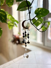 Load image into Gallery viewer, Gold Moon Suncatcher with Agate & Amethyst Beads, Brass Bells, and Sunburst Charm – Witchy Boho Decor
