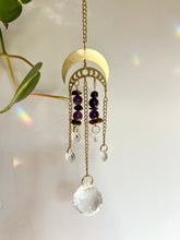 Load image into Gallery viewer, Suncatcher with Two Gold Moon Charms, Amethyst & Tiger’s Eye Beads, and Prism Accents – Celestial Light Decor