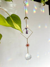 Load image into Gallery viewer, Rainbow Maker Suncatcher with Gold Half Moon & Sun Charms, Amethyst Beads in Gold Diamond Frame – Prism Window Decor
