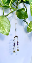 Load image into Gallery viewer, Mini Gold Moon & Sun Suncatcher with Amber & Amethyst Beads, Bells, and Prism Accents – Witchy Boho Decor