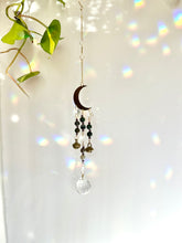 Load image into Gallery viewer, Gold Moon Suncatcher with Agate & Amethyst Beads, Brass Bells, and Sunburst Charm – Witchy Boho Decor