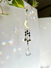 Load image into Gallery viewer, Gold Moon Suncatcher with Agate & Amethyst Beads, Brass Bells, and Sunburst Charm – Witchy Boho Decor