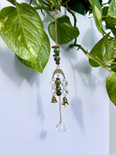 Load image into Gallery viewer, Mini Gold Moon Suncatcher with Turquoise Clay & Tiger’s Eye Beads, Gold Chain, and Bells – Witchy Boho Rainbow Light Decor