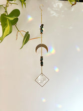 Load image into Gallery viewer, Half Moon Charm Suncatcher with Agate & Tiger’s Eye Beads in Gold Diamond Prism Frame – Rainbow Window Decor
