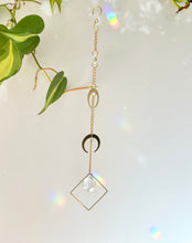 Load image into Gallery viewer, Double Gold Half Moon Suncatcher with Prism in Diamond Frame – Mystical Rainbow Window Decor