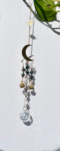 Load image into Gallery viewer, Gold Moon Suncatcher with Agate & Amethyst Beads, Brass Bells, and Sunburst Charm – Witchy Boho Decor