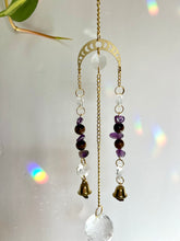 Load image into Gallery viewer, Gold Moon Phases Suncatcher with Amethyst & Tiger’s Eye Beads and Gold Bells – Celestial Window Decor