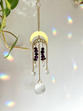 Load image into Gallery viewer, Suncatcher with Two Gold Moon Charms, Amethyst & Tiger’s Eye Beads, and Prism Accents – Celestial Light Decor