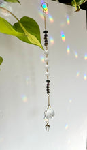 Load image into Gallery viewer, Rainbow Maker Suncatcher with Half Moon Charm, Tiger’s Eye & Amethyst Beads in Gold Diamond Frames – Prism Window Decor