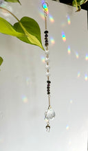 Load image into Gallery viewer, Rainbow Maker Suncatcher with Half Moon Charm, Tiger’s Eye & Amethyst Beads in Gold Diamond Frames – Prism Window Decor
