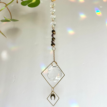 Load image into Gallery viewer, Rainbow Maker Suncatcher with Half Moon Charm, Tiger’s Eye & Amethyst Beads in Gold Diamond Frames – Prism Window Decor