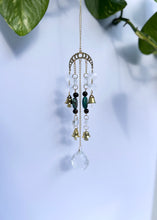 Load image into Gallery viewer, Gold Moon Phases Suncatcher with Turquoise & Tiger’s Eye Beads, Bells, and Crystal Accents – Witchy Boho Decor