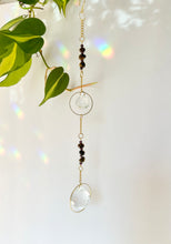 Load image into Gallery viewer, Double Prism Suncatcher with Tiger's Eye & Amethyst Beads in Gold Frames – Rainbow Light Window Decor