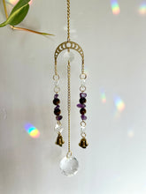 Load image into Gallery viewer, Gold Moon Phases Suncatcher with Amethyst & Tiger’s Eye Beads and Gold Bells – Celestial Window Decor