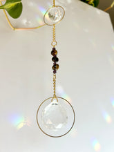 Load image into Gallery viewer, Double Prism Suncatcher with Tiger's Eye & Amethyst Beads in Gold Frames – Rainbow Light Window Decor