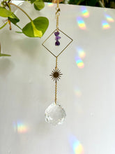 Load image into Gallery viewer, Rainbow Maker Suncatcher with Gold Half Moon & Sun Charms, Amethyst Beads in Gold Diamond Frame – Prism Window Decor