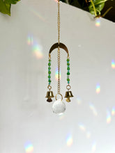 Load image into Gallery viewer, Mini Gold Moon Suncatcher with Green & Blue Glass Beads and Bells – Rainbow Prism Window Decor