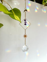 Load image into Gallery viewer, Rainbow Maker Suncatcher with Gold Half Moon & Sun Charms, Amethyst Beads in Gold Diamond Frame – Prism Window Decor