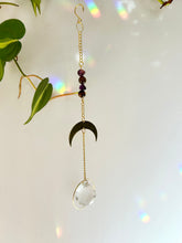 Load image into Gallery viewer, Gold Half Moon Suncatcher with Amethyst & Tiger’s Eye Beads in Round Gold Prism Frame – Rainbow Window Decor