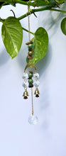 Load image into Gallery viewer, Mini Gold Moon Suncatcher with Turquoise Clay & Tiger’s Eye Beads, Gold Chain, and Bells – Witchy Boho Rainbow Light Decor