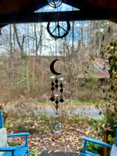 Load image into Gallery viewer, Gold Moon Suncatcher with Agate & Amethyst Beads, Brass Bells, and Sunburst Charm – Witchy Boho Decor