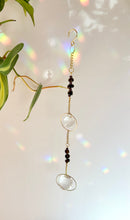 Load image into Gallery viewer, Double Prism Suncatcher with Tiger's Eye & Amethyst Beads in Gold Frames – Rainbow Light Window Decor