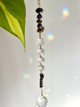 Load image into Gallery viewer, Rainbow Maker Suncatcher with Half Moon Charm, Tiger’s Eye & Amethyst Beads in Gold Diamond Frames – Prism Window Decor