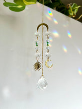 Load image into Gallery viewer, Mini Gold Charm Suncatcher with Opalite, Green & Blue Glass Beads, Sun & Moon Charms – Rainbow Prism Window Decor