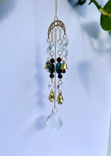 Load image into Gallery viewer, Gold Moon Phases Suncatcher with Turquoise & Tiger’s Eye Beads, Bells, and Crystal Accents – Witchy Boho Decor