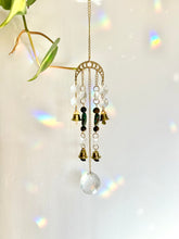 Load image into Gallery viewer, Gold Moon Phases Suncatcher with Turquoise & Tiger’s Eye Beads, Bells, and Crystal Accents – Witchy Boho Decor