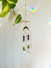 Load image into Gallery viewer, Mini Gold Moon & Sun Suncatcher with Amber & Amethyst Beads, Bells, and Prism Accents – Witchy Boho Decor