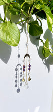 Load image into Gallery viewer, Mini Gold Moon & Sun Suncatcher with Amber & Amethyst Beads, Bells, and Prism Accents – Witchy Boho Decor
