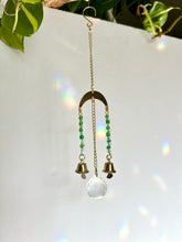 Load image into Gallery viewer, Mini Gold Moon Suncatcher with Green & Blue Glass Beads and Bells – Rainbow Prism Window Decor
