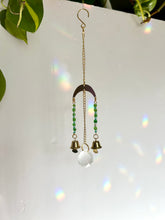 Load image into Gallery viewer, Mini Gold Moon Suncatcher with Green & Blue Glass Beads and Bells – Rainbow Prism Window Decor