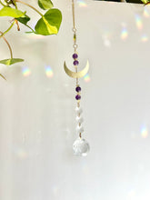 Load image into Gallery viewer, Gold Moon Suncatcher with Amethyst & Citrine Beads and Sun Charm – Rainbow Light Window Decor
