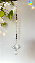 Load image into Gallery viewer, Rainbow Maker Suncatcher with Half Moon Charm, Tiger’s Eye & Amethyst Beads in Gold Diamond Frames – Prism Window Decor