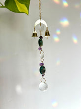 Load image into Gallery viewer, Gold Charm Mini Suncatcher with Turquoise & Amethyst Beads and Gold Bells – Rainbow Prism Window Decor