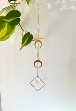 Load image into Gallery viewer, Double Gold Half Moon Suncatcher with Prism in Diamond Frame – Mystical Rainbow Window Decor