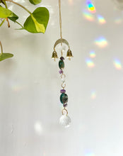 Load image into Gallery viewer, Gold Charm Mini Suncatcher with Turquoise & Amethyst Beads and Gold Bells – Rainbow Prism Window Decor