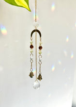 Load image into Gallery viewer, Mini Gold Charm Suncatcher with Rudraksha & Aventurine Beads, Prism Accents, and Bells – Spiritual Rainbow Decor