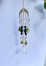 Load image into Gallery viewer, Gold Moon Phases Suncatcher with Turquoise & Tiger’s Eye Beads, Bells, and Crystal Accents – Witchy Boho Decor