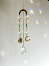Load image into Gallery viewer, Mini Gold Charm Suncatcher with Opalite, Green & Blue Glass Beads, Sun & Moon Charms – Rainbow Prism Window Decor