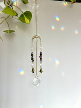 Load image into Gallery viewer, Gold Moon Phases Suncatcher with Amethyst & Tiger’s Eye Beads and Gold Bells – Celestial Window Decor